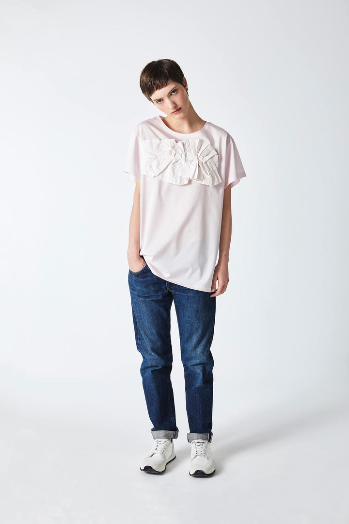 pale pink short sleeved origami top with original artistic design