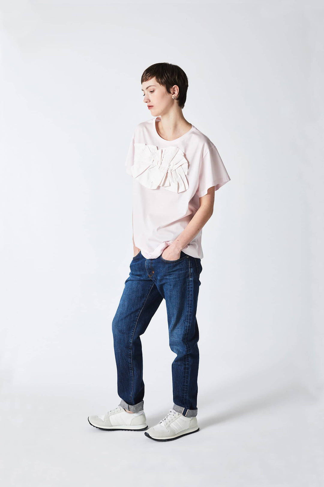pale pink short sleeved origami top with original artistic design