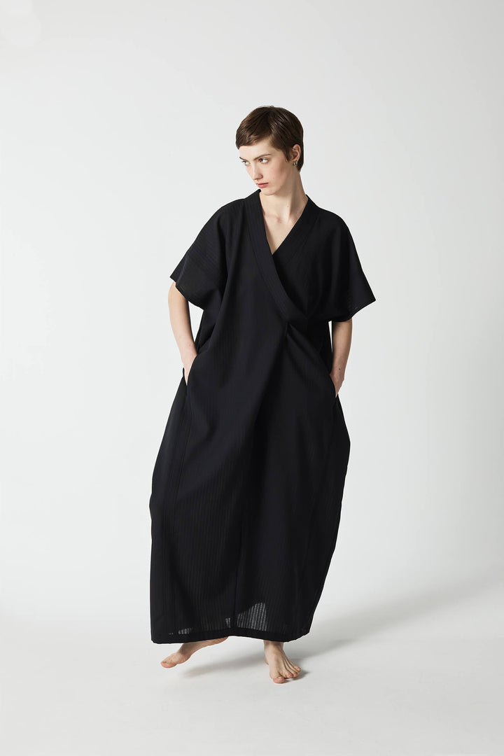 Japanese inspired modern kaftan and wrap long dress in black wool