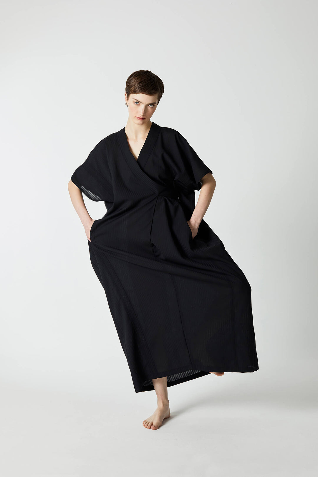 Japanese inspired modern kaftan and wrap long dress in black wool