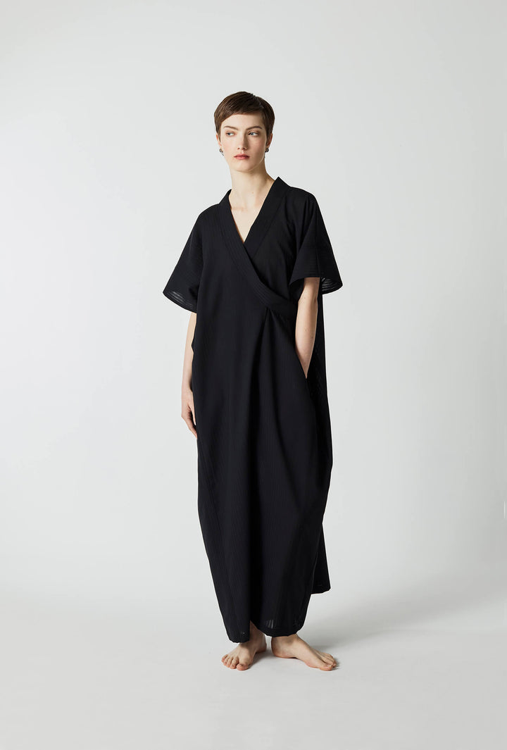 Japanese inspired modern kaftan and wrap long dress in black wool