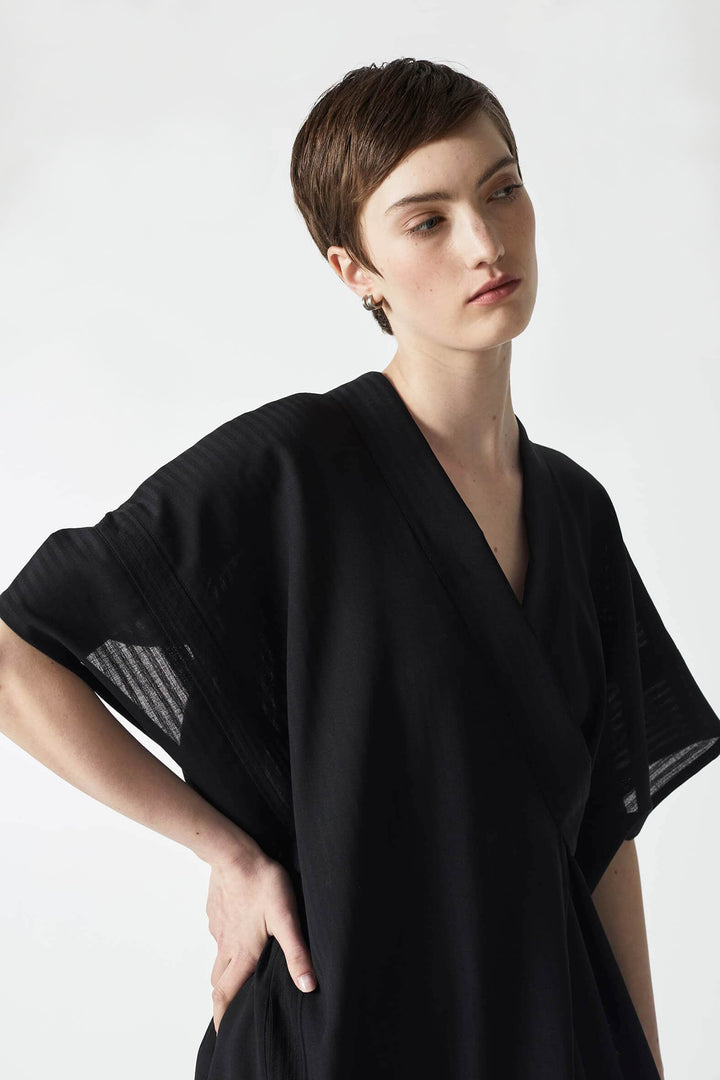 Japanese inspired modern kaftan and wrap long dress in black wool