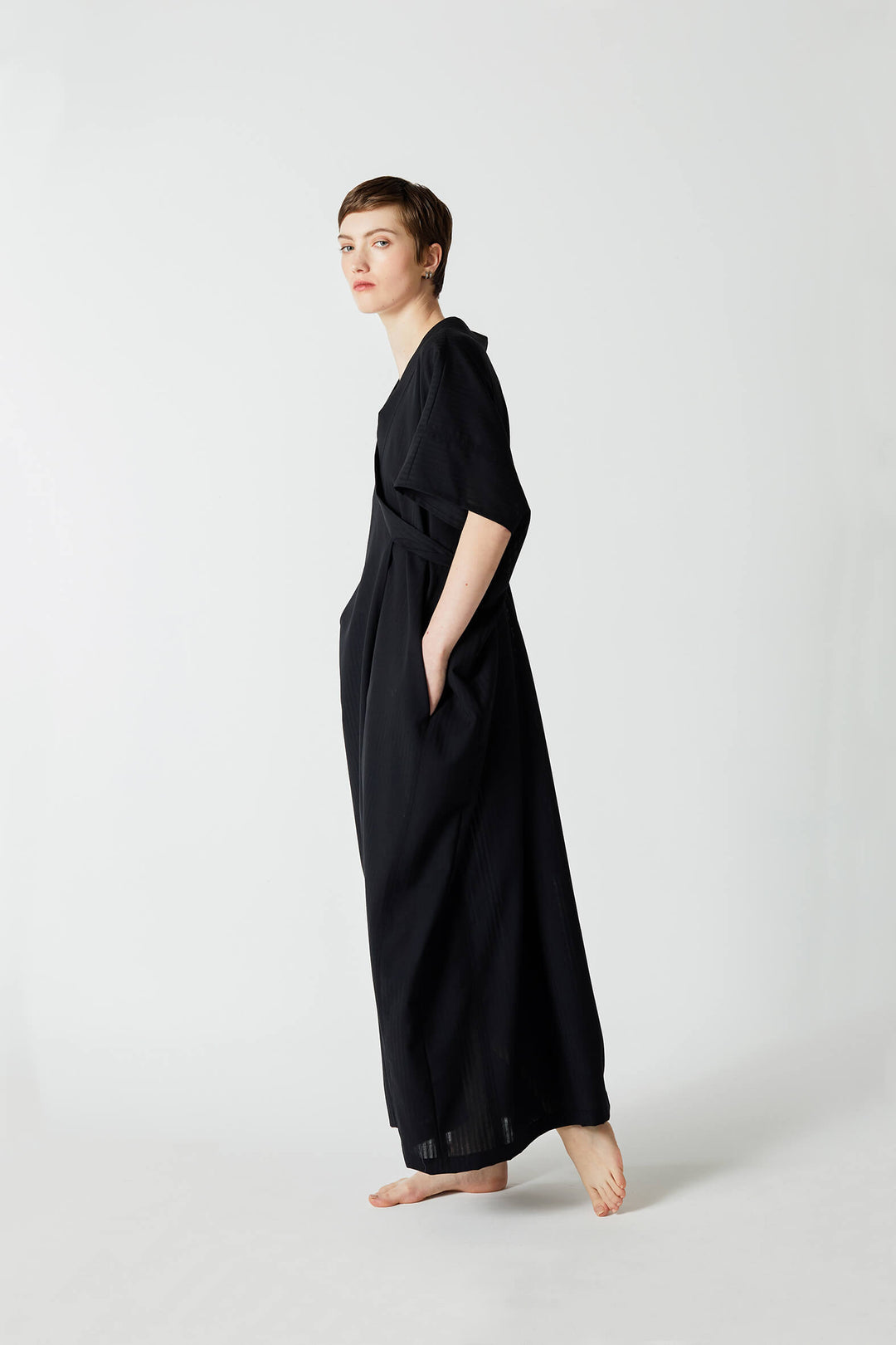 Japanese inspired modern kaftan and wrap long dress in black wool