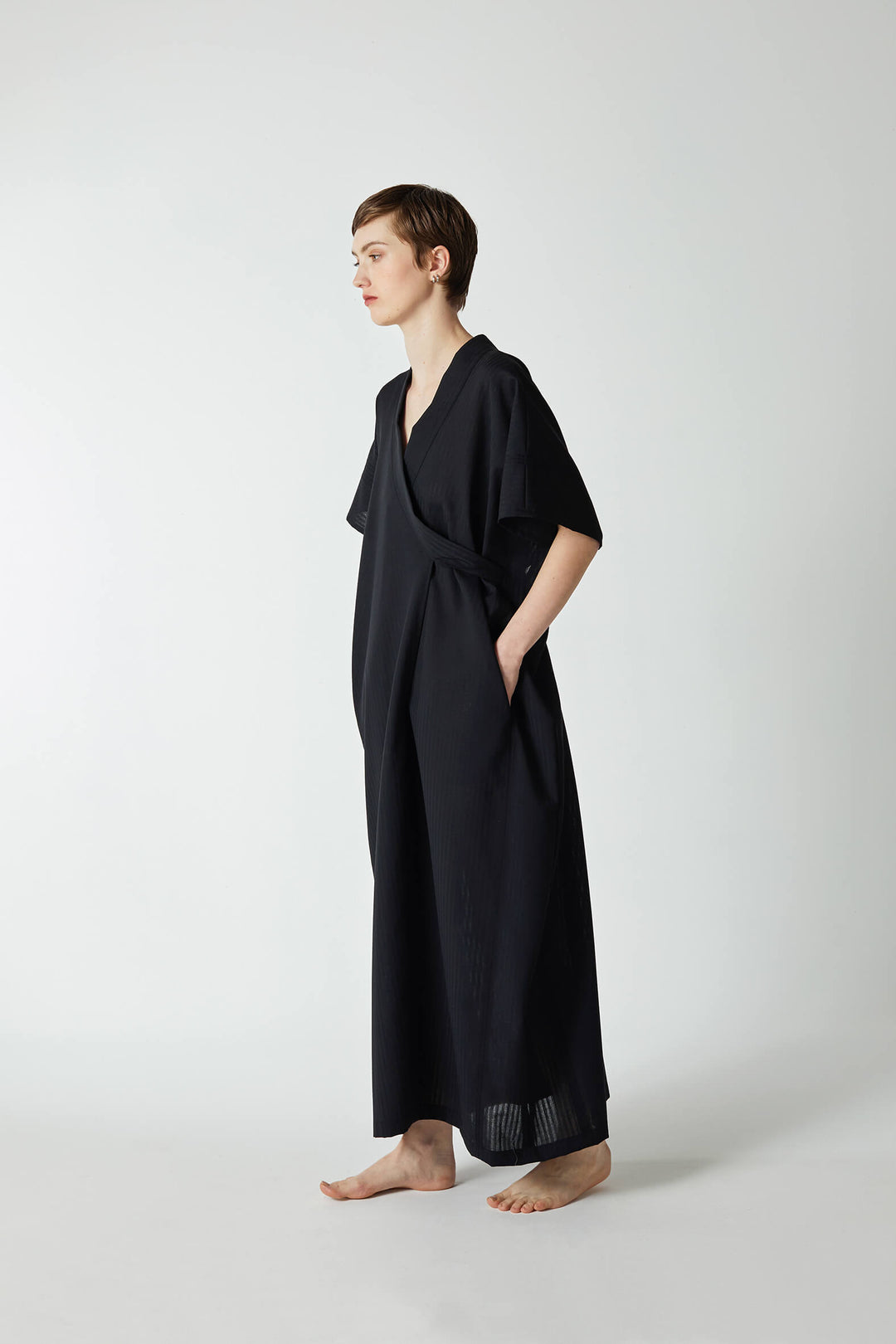 Japanese inspired modern kaftan and wrap long dress in black wool