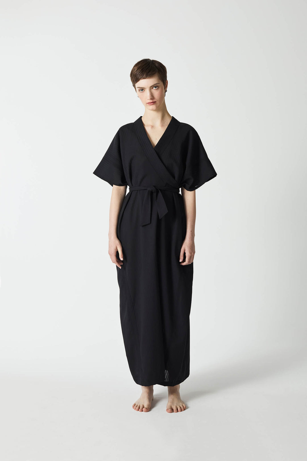 Japanese inspired modern kaftan and wrap long dress in black wool