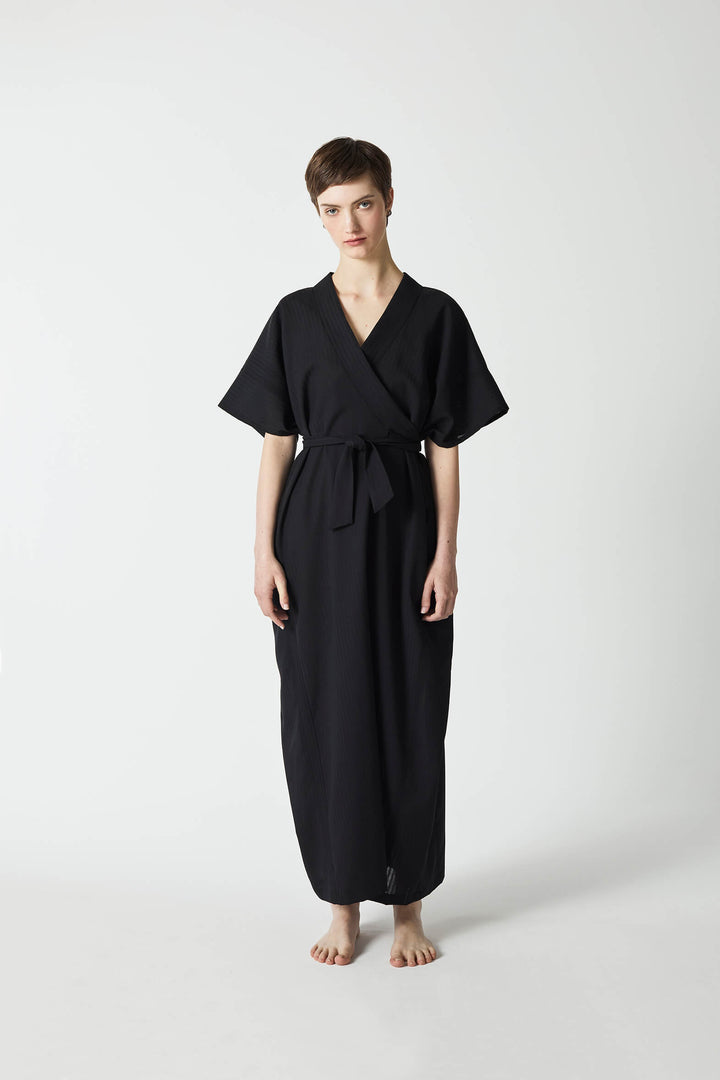 Japanese inspired modern kaftan and wrap long dress in black wool