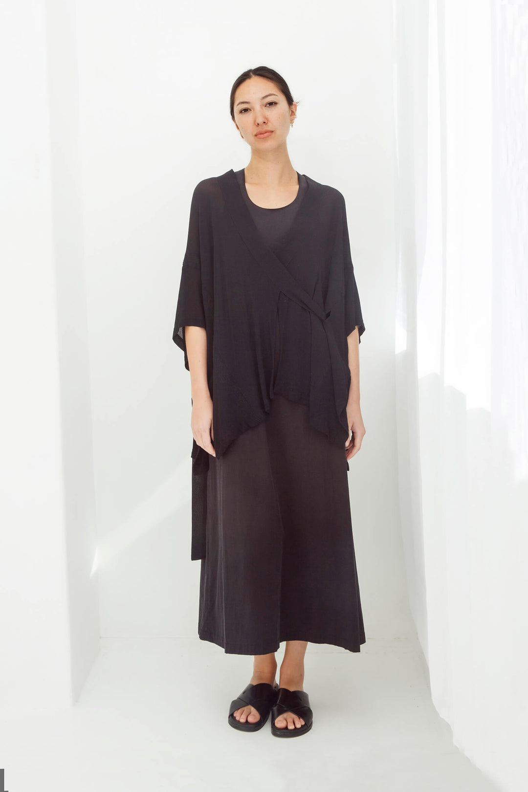 woman wearing black handmade  japanese summer kimono top