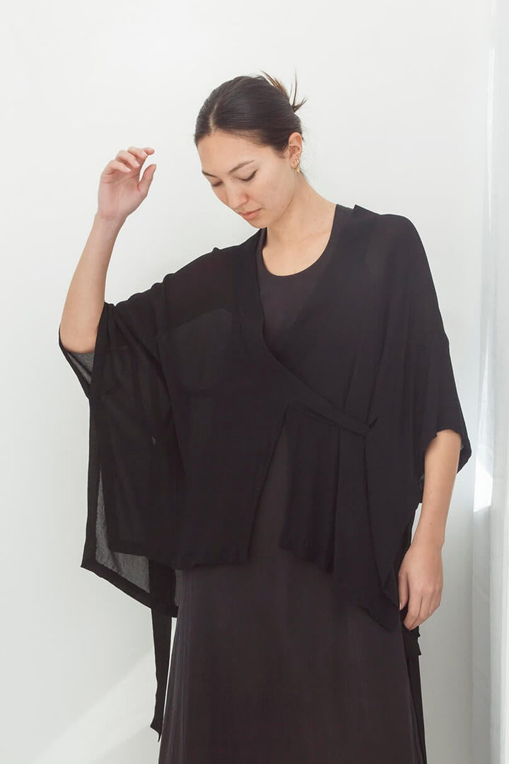 woman wearing black handmade  japanese summer kimono top