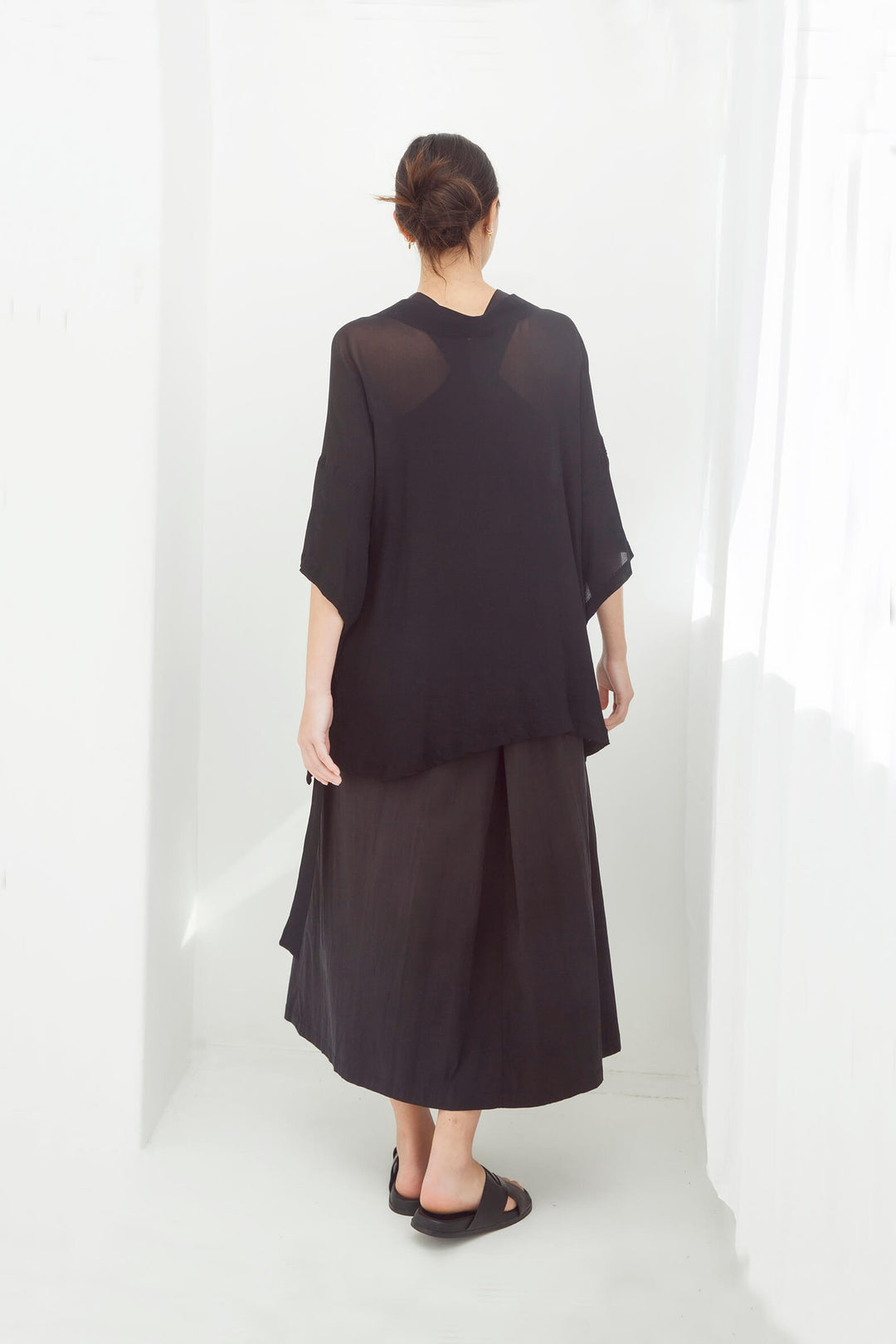 woman wearing black handmade  japanese summer kimono top