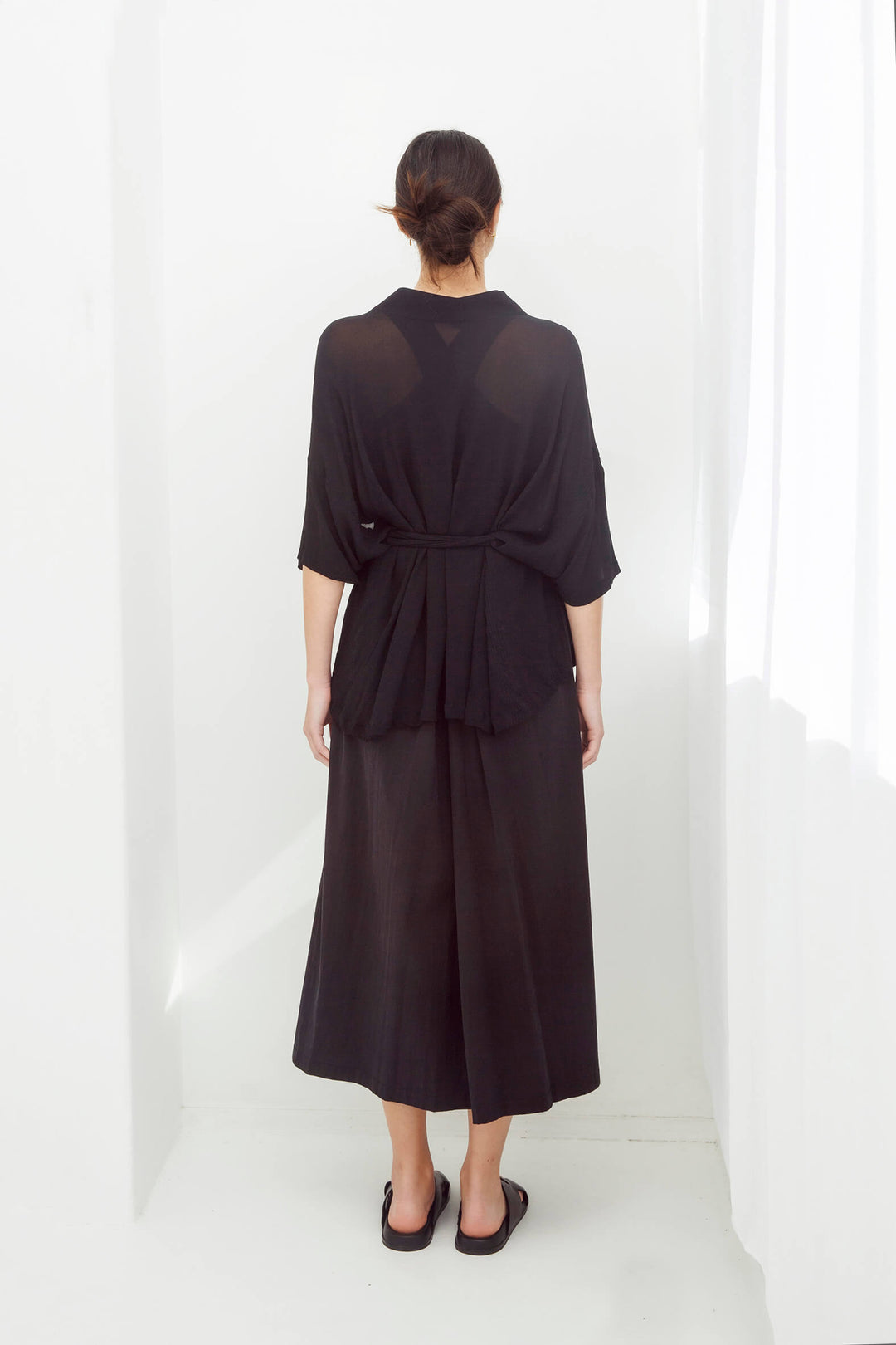 woman wearing black handmade  japanese summer kimono top