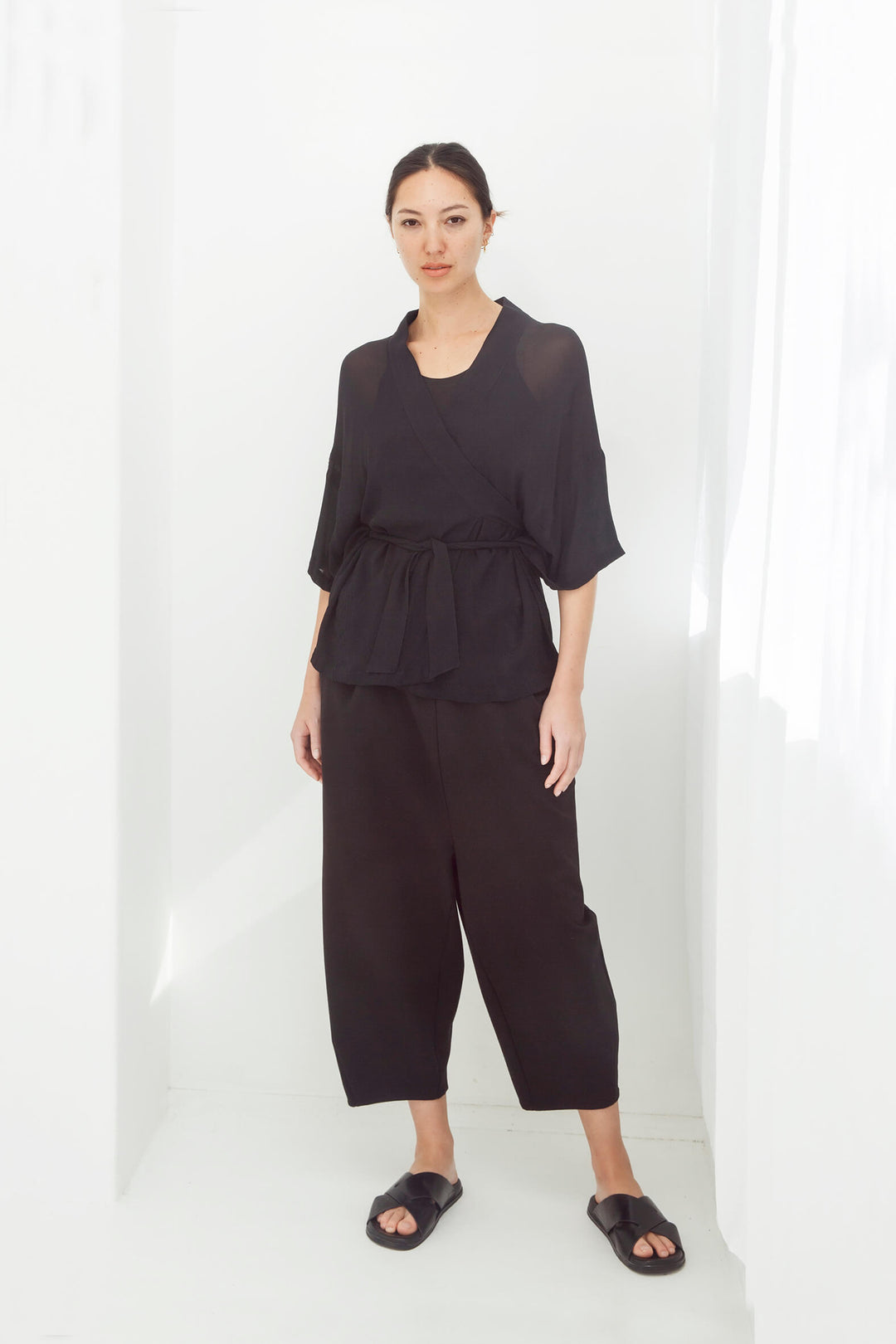 woman wearing black handmade  japanese summer kimono top