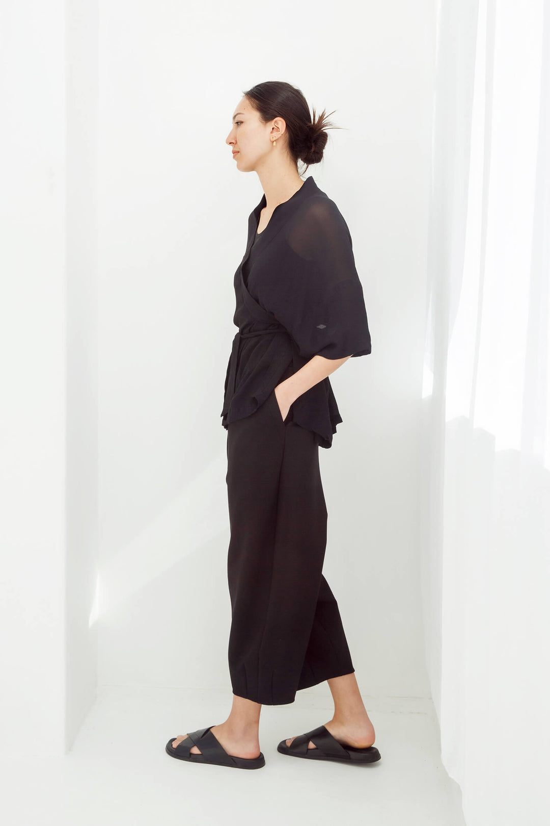 woman wearing black handmade  japanese summer kimono top