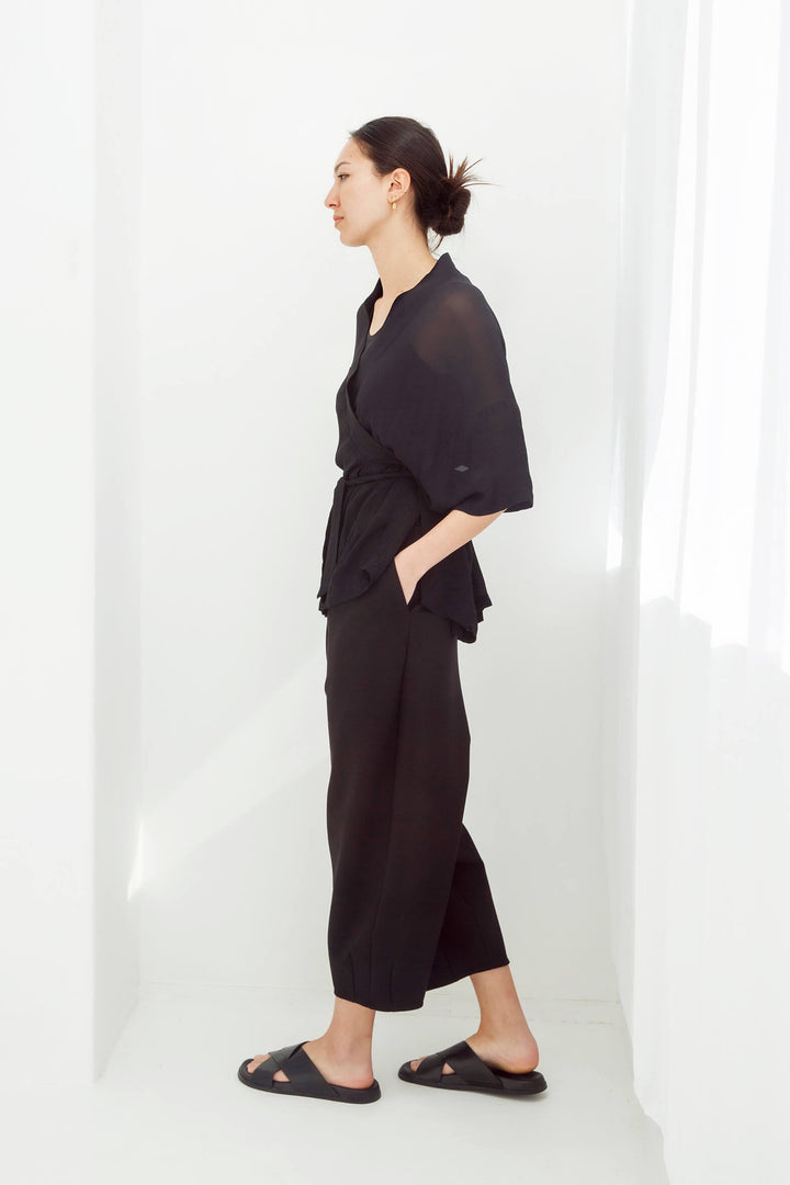 woman wearing black handmade  japanese summer kimono top