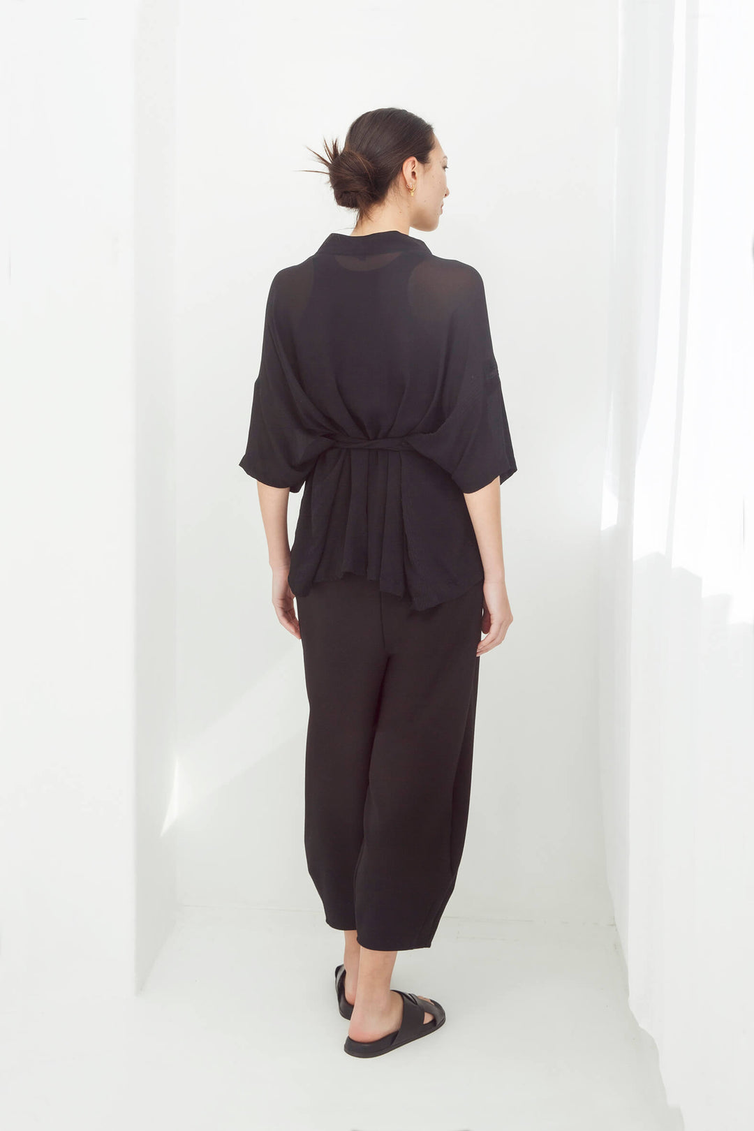 woman wearing black handmade  japanese summer kimono top